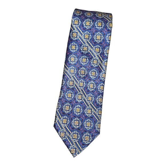 NWT ROBERT TALBOTT Men's 100% Silk Necktie DESIGNER Tie Blue Geometric W:3.4